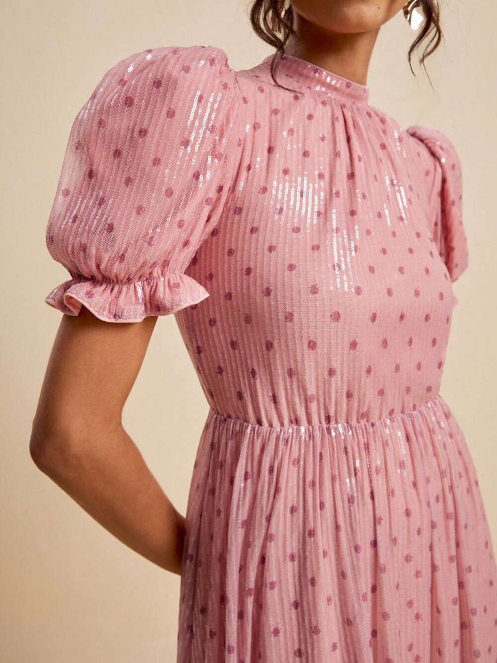 Pink Elegant Women's Polka Dot Beaded A-Line Dress - Picture 3 of 8